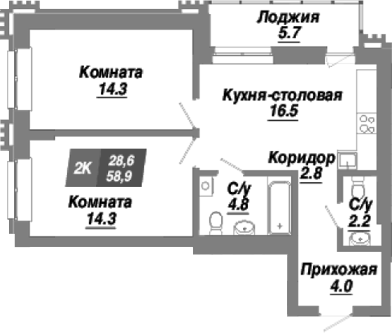 Планировка — Калининский квартал, 2-комн., 59 м²