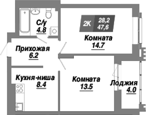 Планировка — Калининский квартал, 2-комн., 48 м²