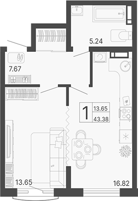Планировка — Светский лес, 1-комн., 43 м²