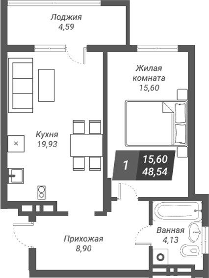 Планировка — Звезда, 1-комн., 49 м²