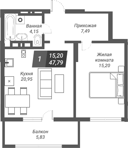 Планировка — Звезда, 1-комн., 48 м²