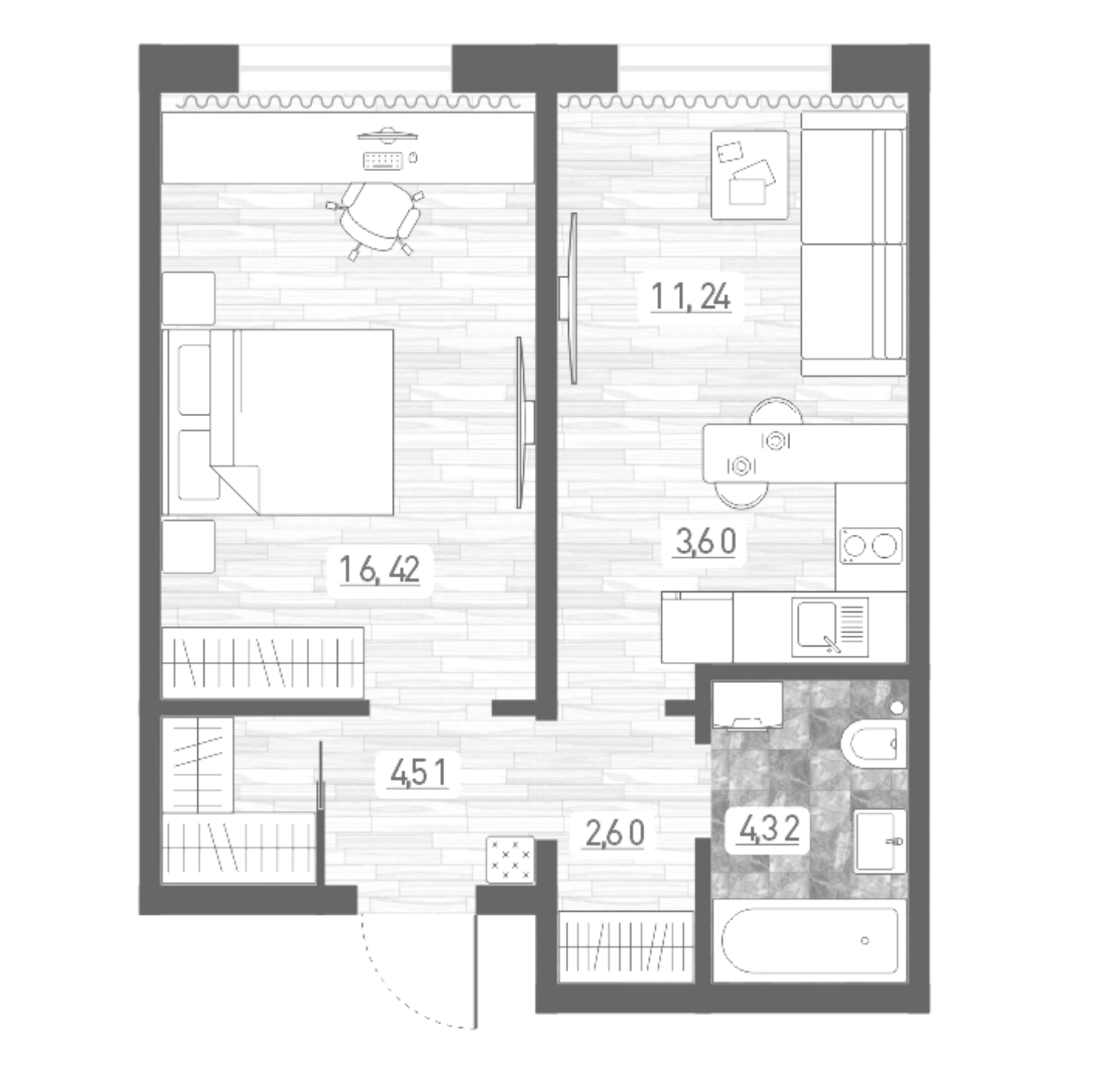 Планировка — Радуга Сибири, 2-комн., 43 м²