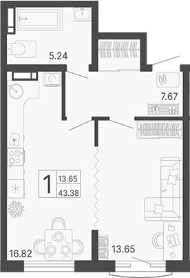 Планировка — Светский лес, 1-комн., 43 м²