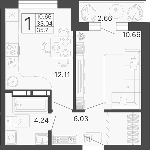 Планировка — Светский лес, 1-комн., 32 м²