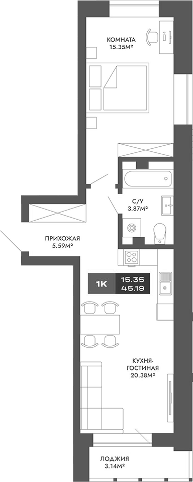 Планировка — Чкалов-7, 2-комн., 45 м²