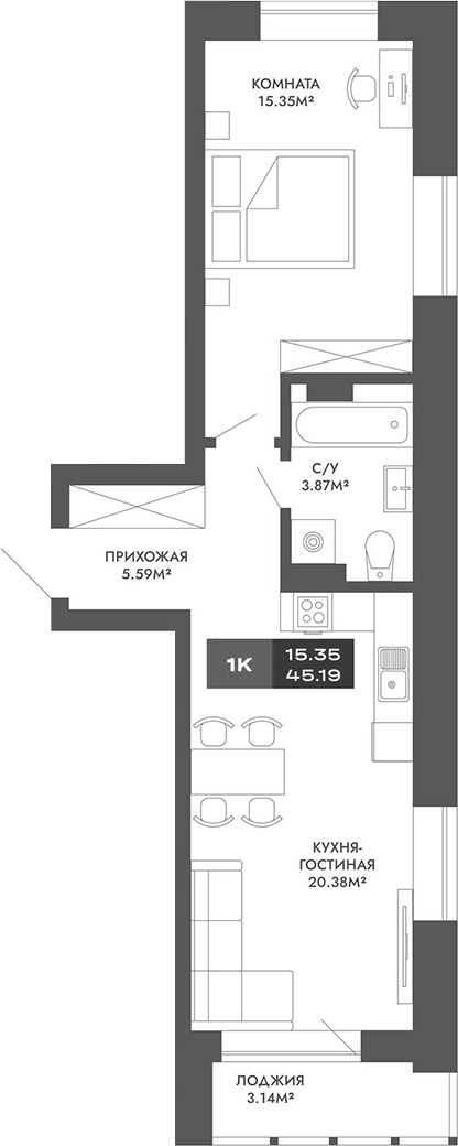 Планировка — Чкалов-7, 2-комн., 45 м²