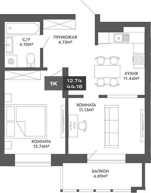 Планировка — Чкалов-7, 2-комн., 44 м²