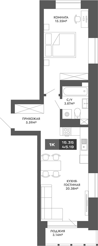 Планировка — Чкалов-7, 2-комн., 45 м²