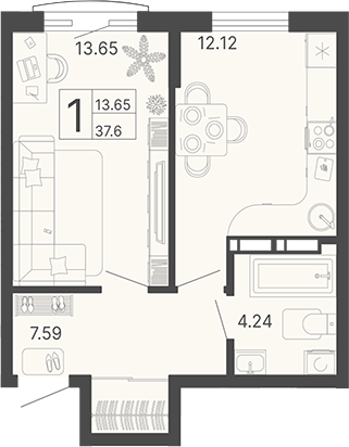 Планировка — Светский лес, 1-комн., 38 м²