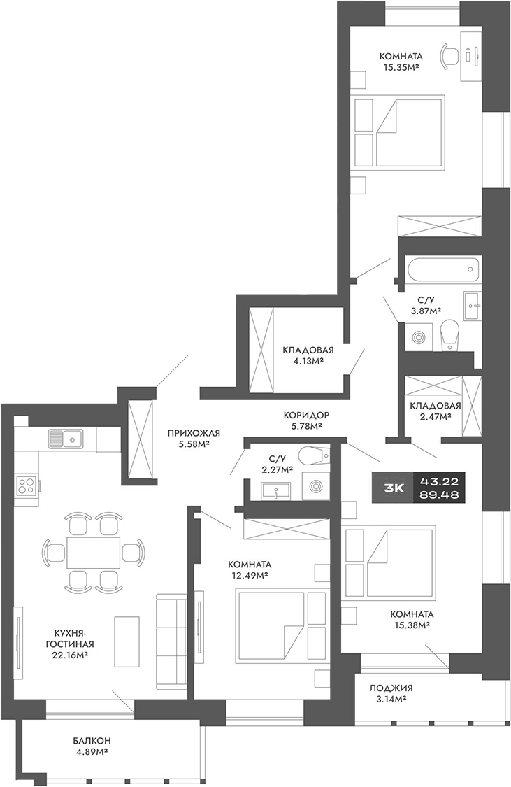 Планировка — Чкалов-7, 4-комн., 89 м²