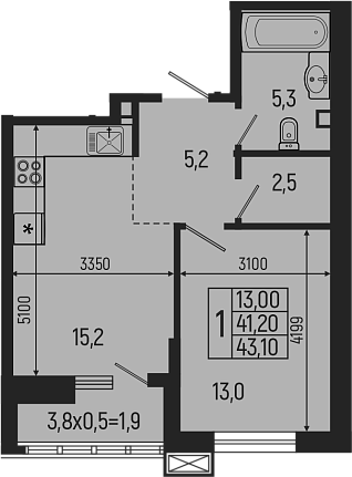 Планировка — Звезды, 2-комн., 41 м²