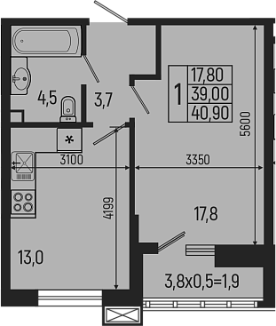 Планировка — Звезды, 1-комн., 39 м²