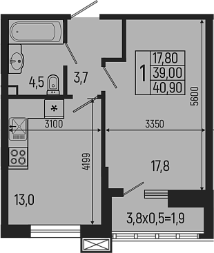 Планировка — Звезды, 1-комн., 39 м²