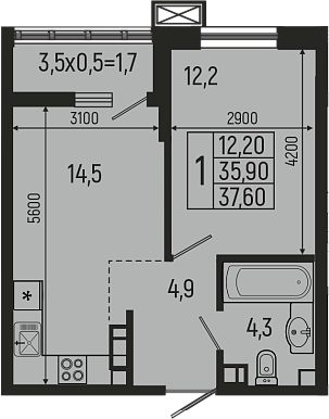 Планировка — Звезды, 2-комн., 36 м²