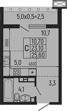Планировка — Звезды, Студия, 23 м²