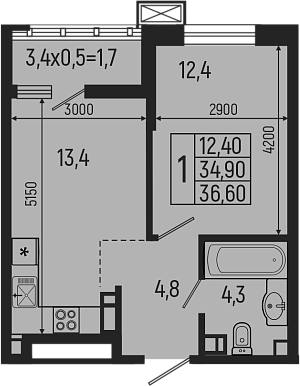 Планировка — Звезды, 2-комн., 35 м²