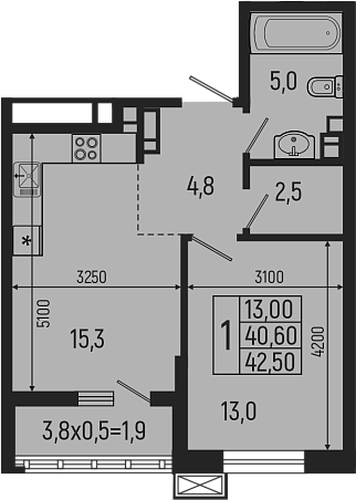 Планировка — Звезды, 2-комн., 41 м²