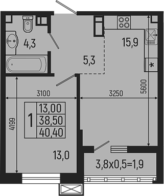 Планировка — Звезды, 2-комн., 39 м²
