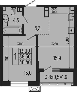 Планировка — Звезды, 2-комн., 39 м²