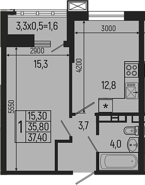 Планировка — Звезды, 1-комн., 36 м²