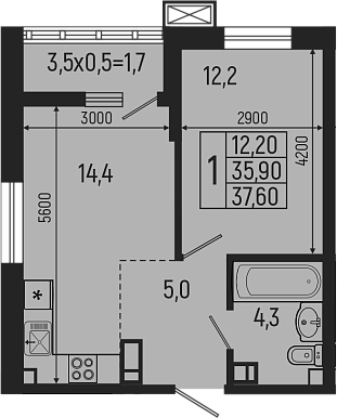 Планировка — Звезды, 2-комн., 36 м²