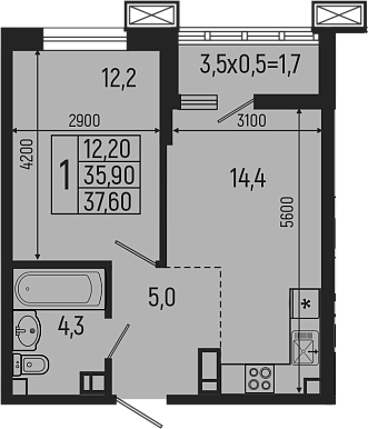 Планировка — Звезды, 2-комн., 36 м²