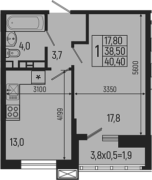 Планировка — Звезды, 1-комн., 39 м²