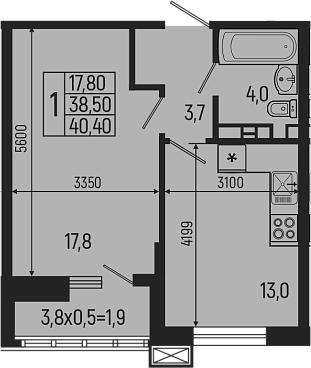Планировка — Звезды, 1-комн., 39 м²