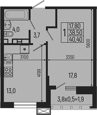 Планировка — Звезды, 1-комн., 39 м²