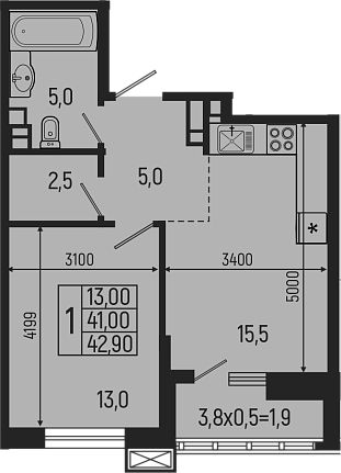 Планировка — Звезды, 2-комн., 41 м²