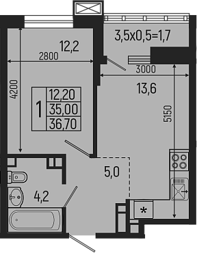 Планировка — Звезды, 2-комн., 35 м²
