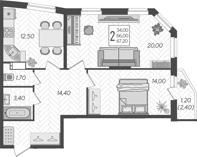 Планировка — Зеленодар, 2-комн., 66 м²
