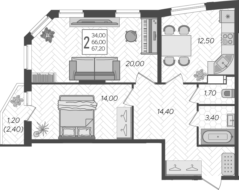 Планировка — Зеленодар, 2-комн., 66 м²