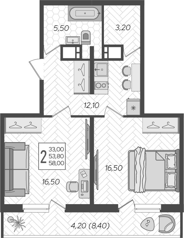 Планировка — Зеленодар, 2-комн., 55 м²
