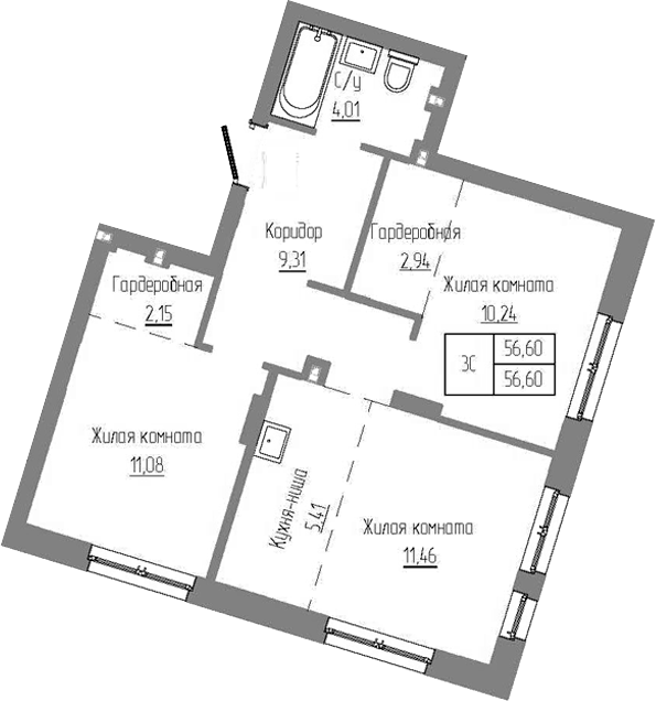 Планировка — Базилик, 3-комн., 57 м²