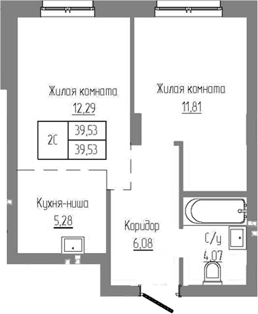 Планировка — Базилик, 2-комн., 40 м²