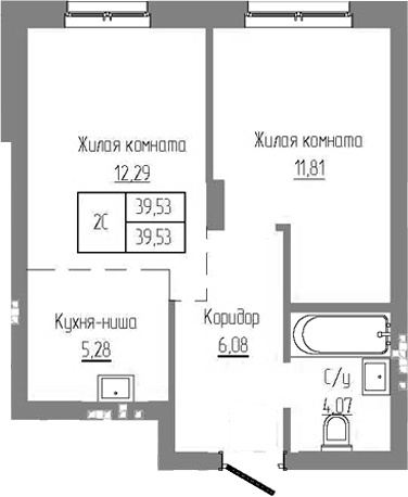 Планировка — Базилик, 2-комн., 40 м²