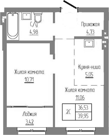 Планировка — Базилик, 2-комн., 37 м²