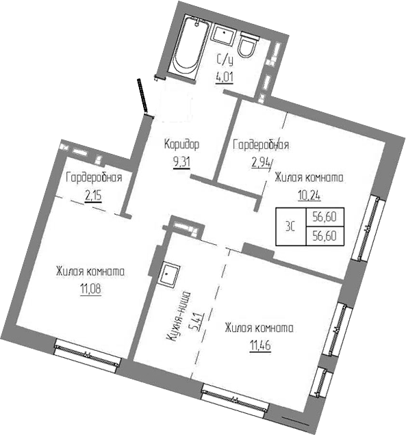 Планировка — Базилик, 3-комн., 57 м²