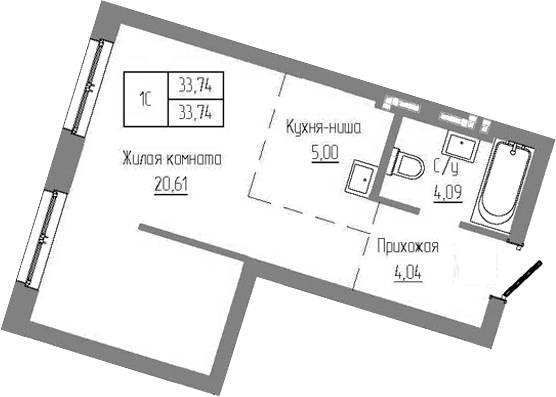 Планировка — Базилик, Студия, 34 м²