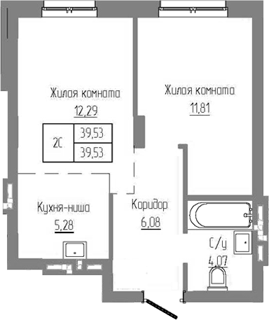 Планировка — Базилик, 2-комн., 40 м²