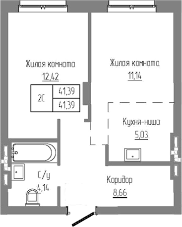 Планировка — Базилик, 2-комн., 41 м²