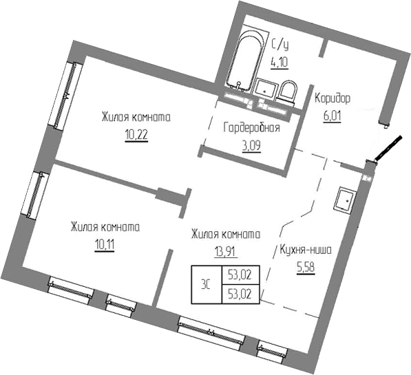 Планировка — Базилик, 3-комн., 53 м²