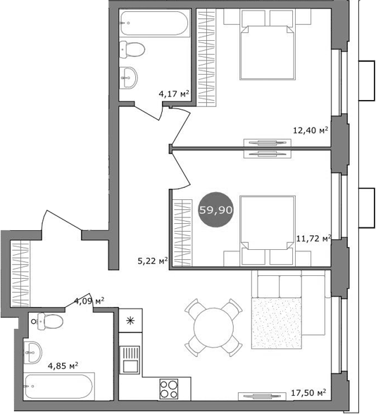 Планировка — 19/56 Кварталы Телецентра, 3-комн., 60 м²