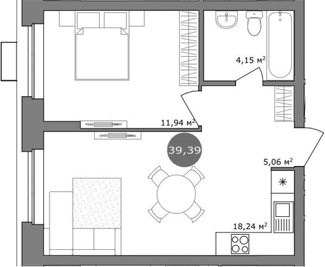 Планировка — 19/56 Кварталы Телецентра, 2-комн., 39 м²
