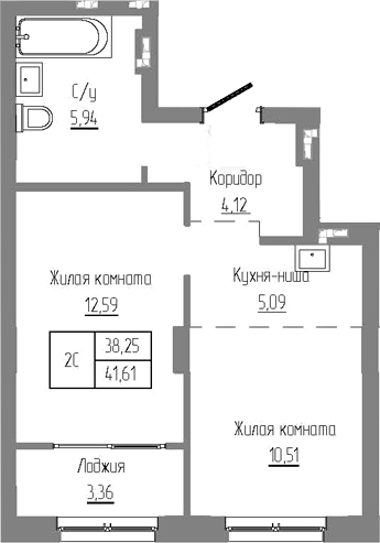 Планировка — Базилик, 2-комн., 39 м²