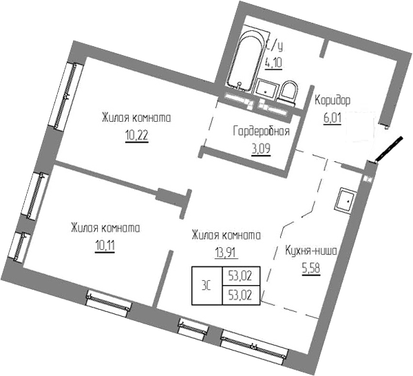 Планировка — Базилик, 3-комн., 53 м²