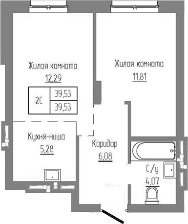 Планировка — Базилик, 2-комн., 40 м²