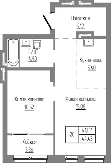 Планировка — Базилик, 2-комн., 42 м²