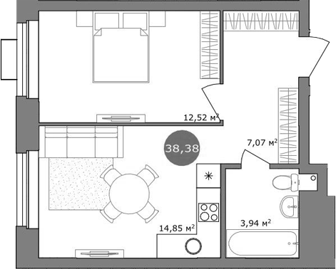 Планировка — 19/56 Кварталы Телецентра, 2-комн., 38 м²